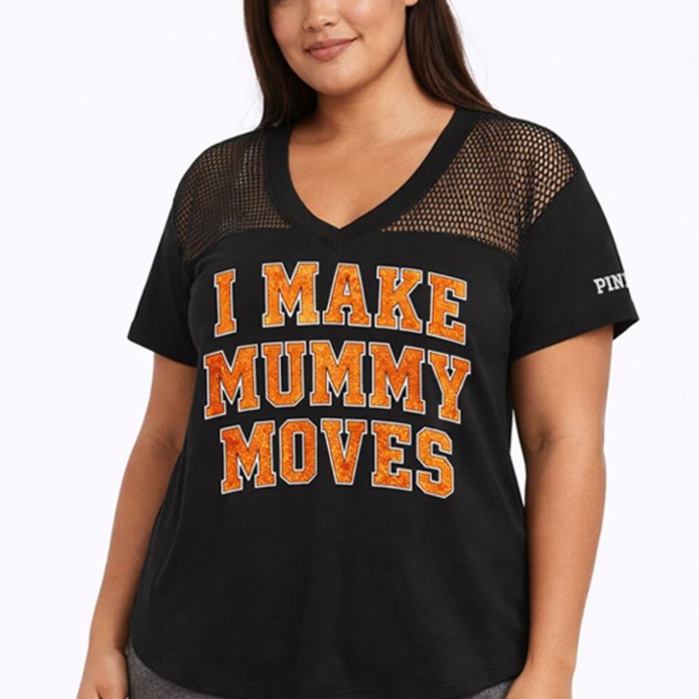 Victoria's Secret PINK Mesh Short V-Neck Short Sleeve Tee (I Make Mummy Moves)